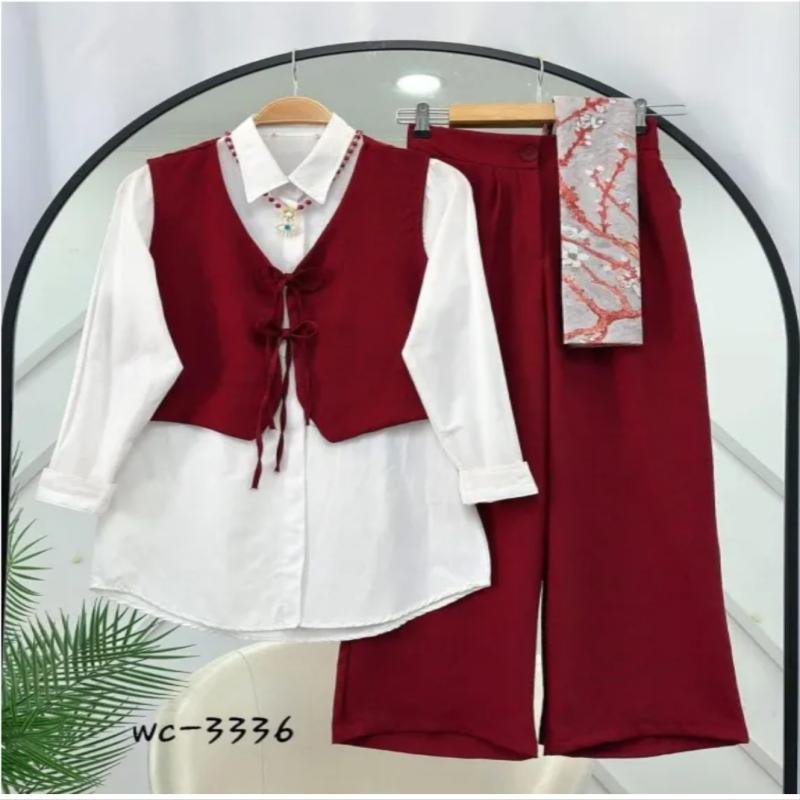 Vibrant Maroon 3-Piece Women’s Set – White Shirt, Tie-Front Vest & Wide-Leg Pants