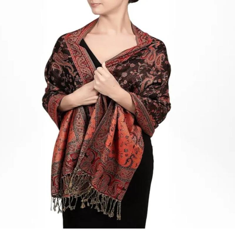 Big Paisley Pashmina Shawl for Women, Reversible, Soft Viscose Acrylic Blend, 80 inch with Fringes,