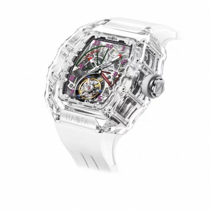 Haofa Watch Crystal Case Automatic Flying Tourbillon Wristwatch Panoramic Skeleton Tonneau Men's Watch