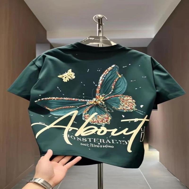 Butterfly Print Short-Sleeved T-Shirt, Pure Cotton, Summer, Loose