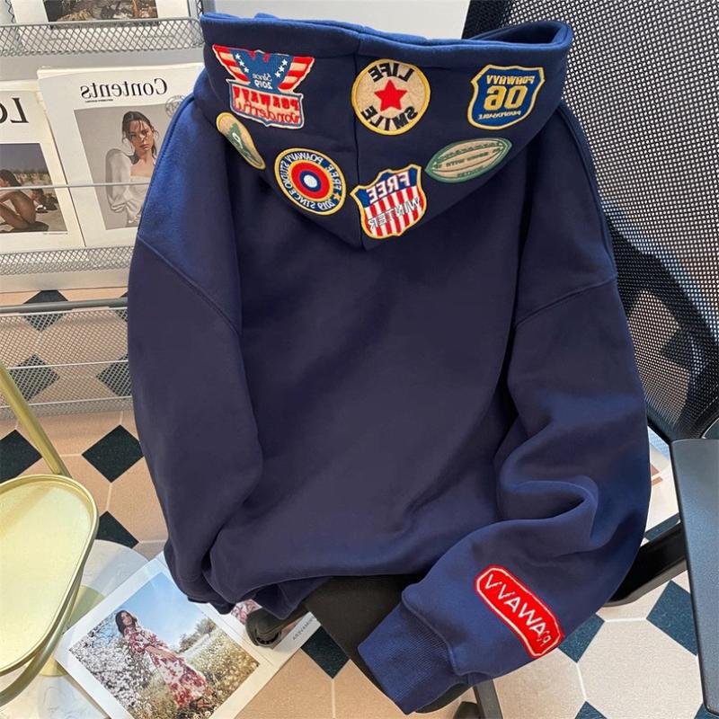 Navy Blue High Street American-Style Patch Embroidered Hoodie for Men and Women, Autumn Trendy Retro Casual Couple's Jacket