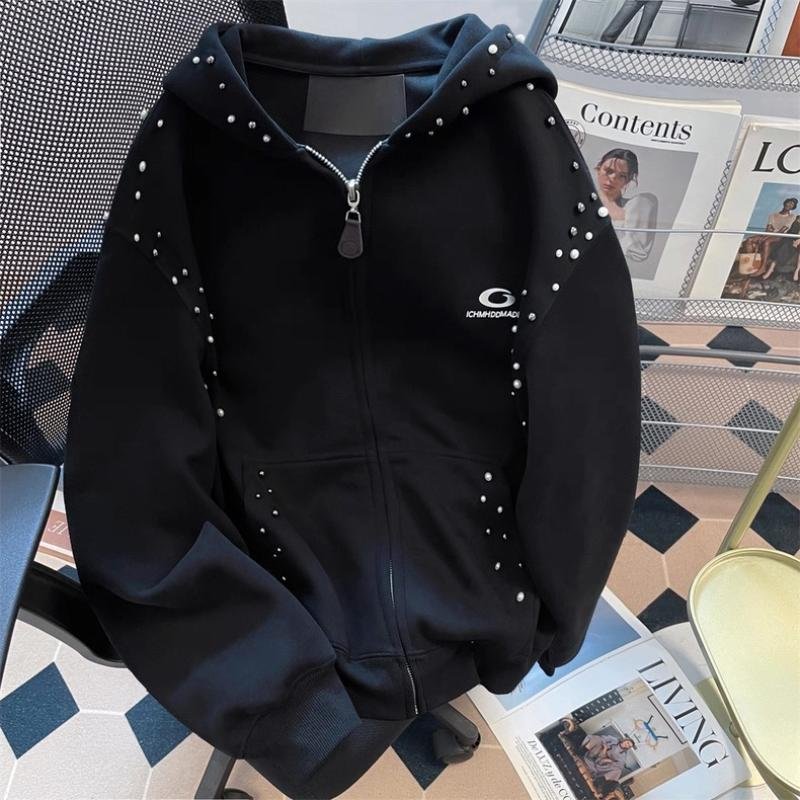 National Trend Heavy Beaded Hooded Sweatshirt Cardigan for Men and Women, Autumn and Winter Fleece-Lined, High Street American Style, Lazy Style Couple's Jacket