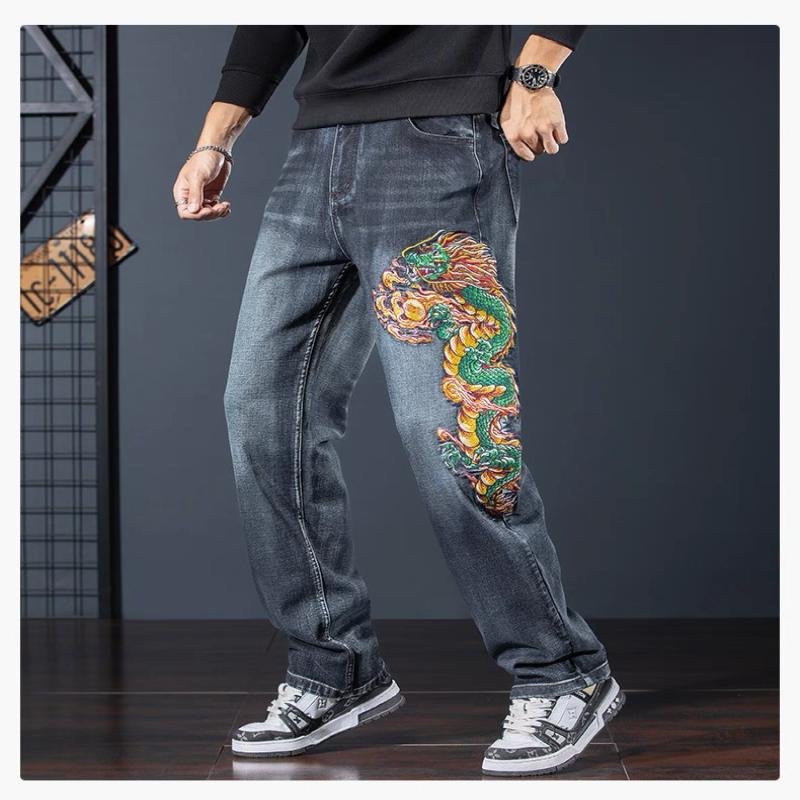 2025 New High-End Heavy Embroidery Stretch Denim Jeans for Men, Trendy Brand, Versatile, Loose Fit, Large Size, Embroidered Long Pants