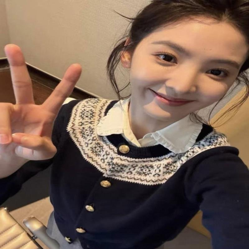 Zhang Ruonan and Liu Shishi Celebrity Style! Fair Isle 100% Cashmere Knit Cardigan Sweater, Thick Version