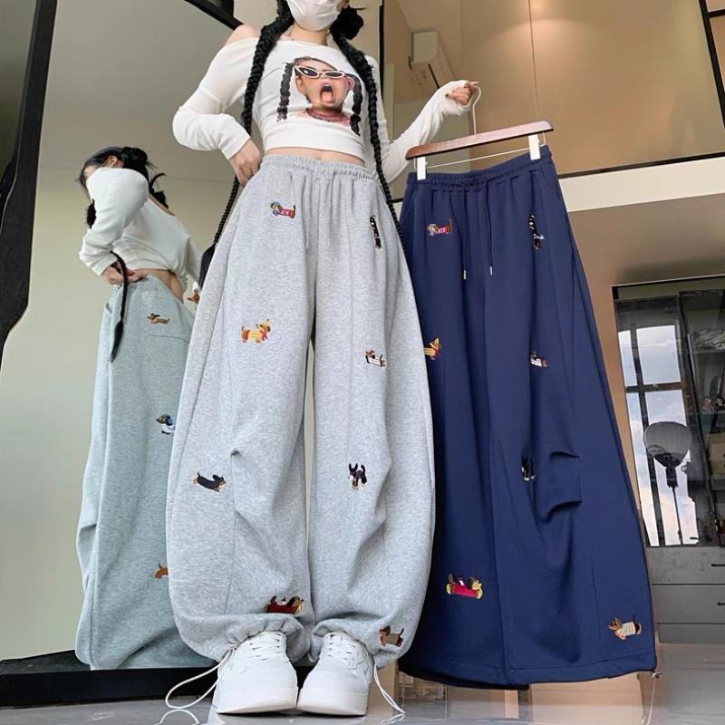 American Retro Cartoon Embroidered Scimitar Sweatpants for Women, Spring and Autumn Loose Straight Wide-Leg Pants, Versatile Sports Casual Long Pants