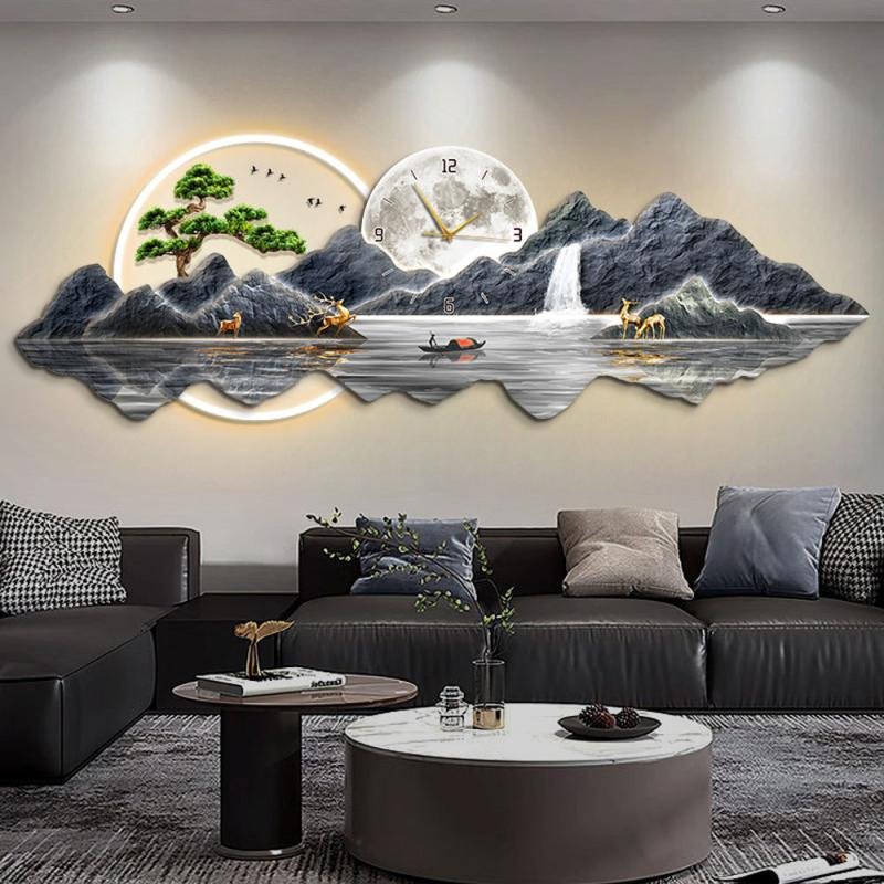 Modern Landscape Painting Crystal Porcelain Paintingwith Wall Clock Hanging Decoration Led Wall Art Home Decoration Painting