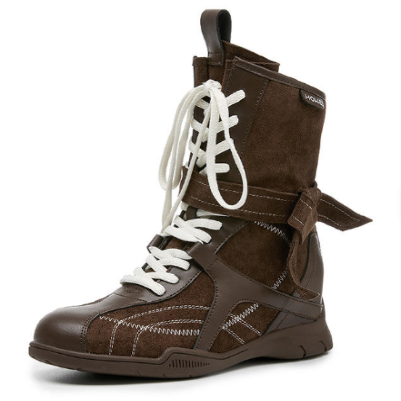 Vintage Boxing Boots Women 2026 New Autumn Winter Outdoor Elegant Style Nubuck Suede Upper High Heel Petite Hidden Mid-Calf