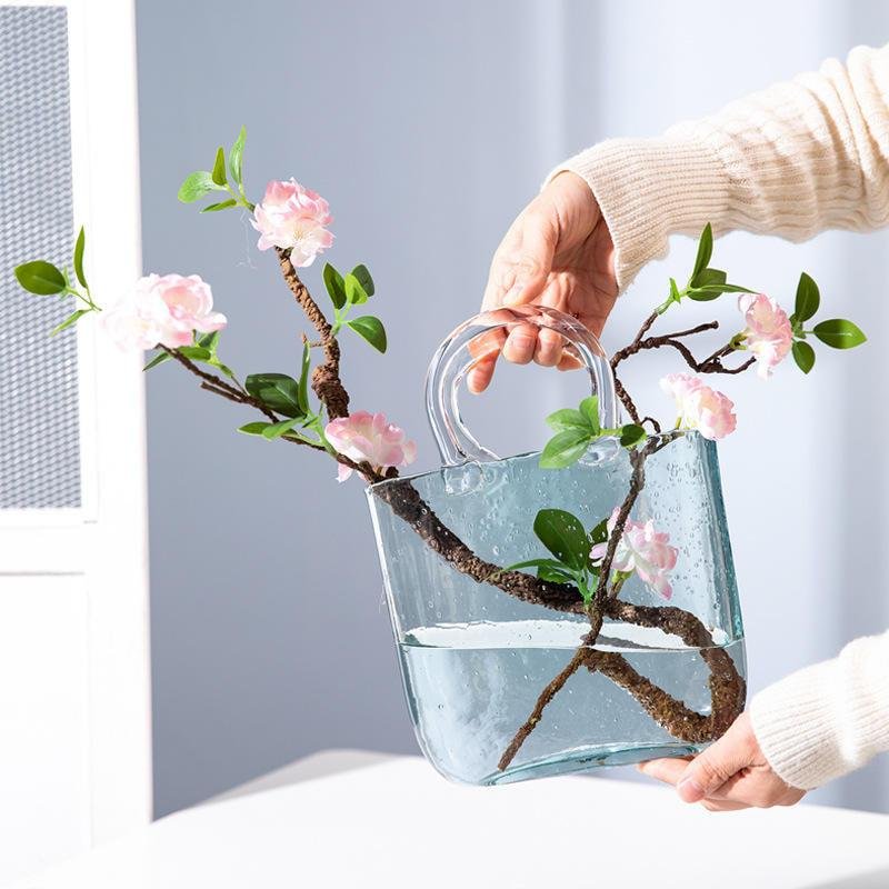 Home Decoration Flower Vase Handbag Transparent Hydroponic Flower Arrangement Bag Hand Basket Glass Vase Crystal Creative Vase