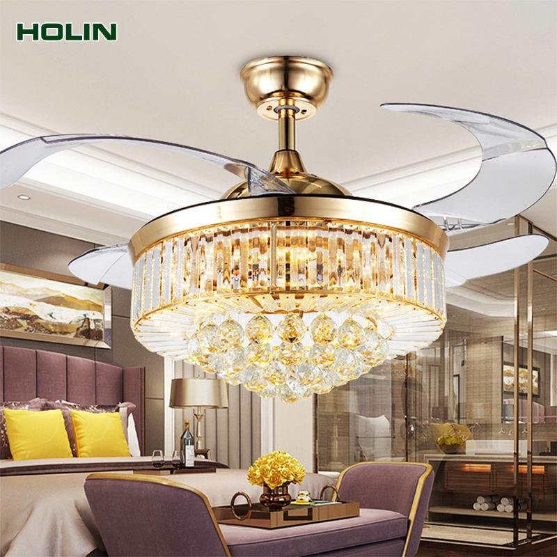 Wholesale 42-inch Luxury Retractable DC Remote Control Invisible Crystal Chandelier Fan Lamp Ceiling Light with Fan