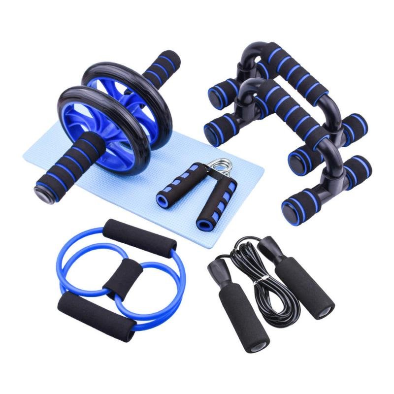 Wholesale 7 Pcs Sets Gym Fitness Set With Push up Stand Jump Rope Hand Grip and Resistance Band AB Wheel Roller Kit