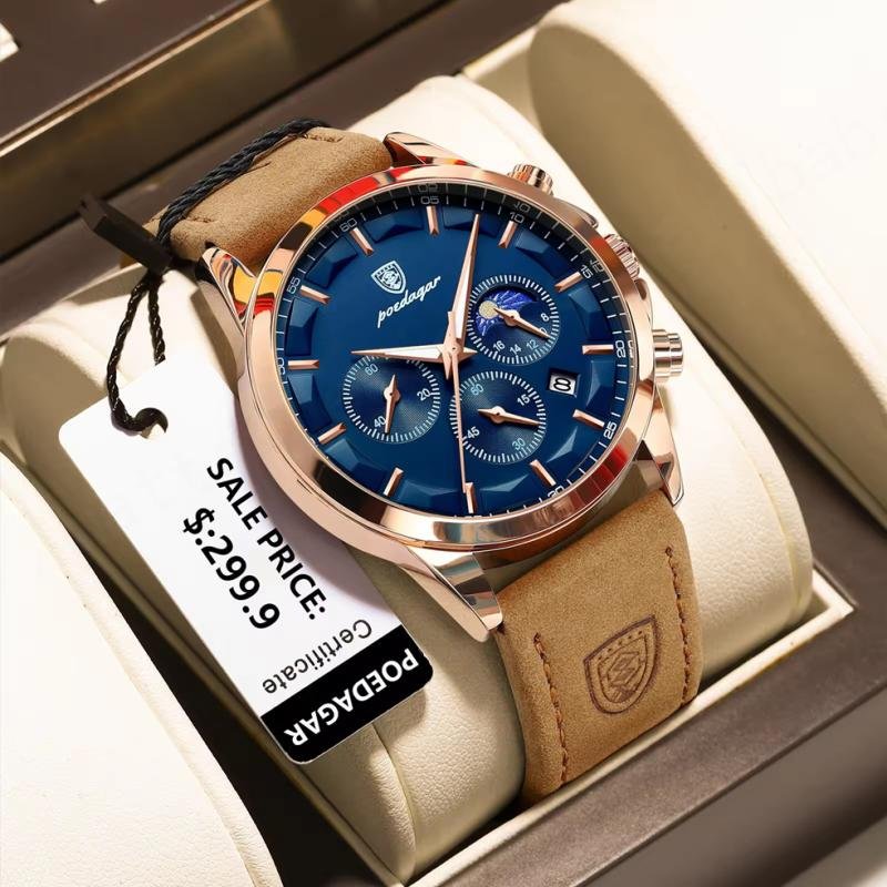 New for Poedagar 928 Antique Men's Wristwatch Waterproof Luminous Calendar Chronograph with Leather Band Customizable Time