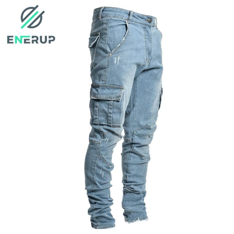 Enerup OEM/ODM Fashion Hombre Mujer Multi Pocket Casual Pencil Cotton Straight-leg Men's Trousers Pants Jeans