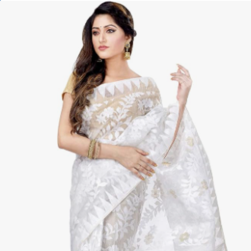 dB DESH BIDESH Women`s Traditional Bengal Tant Handloom Dhakai Jamdani Cotton Saree 5.5 meters White