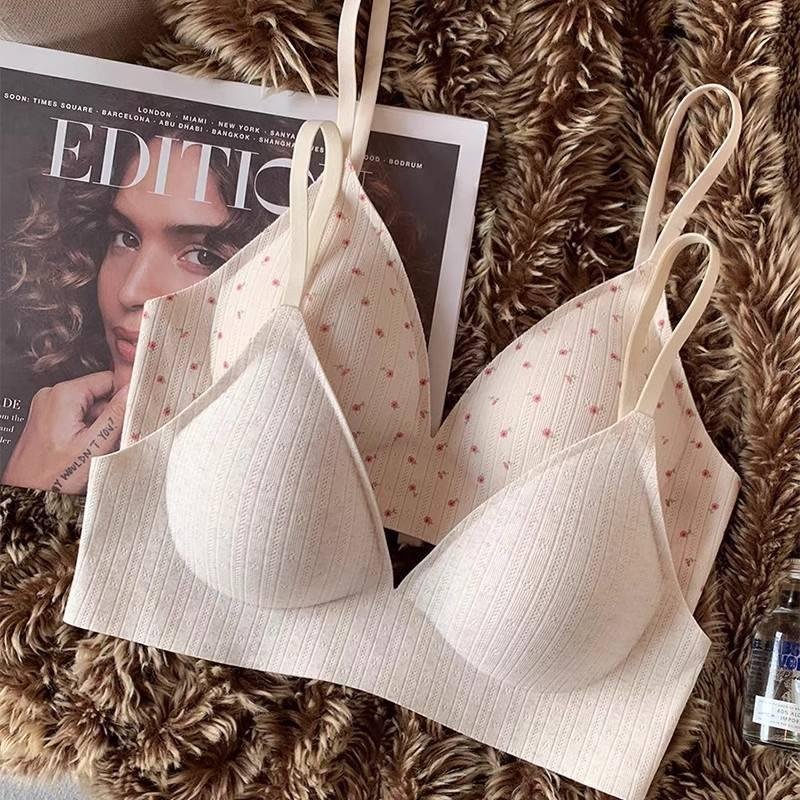 Floral Ribbed Bra Sexy V Neck One Piece Anti Sagging Low Back Butterfly Design U Back Anti Sagging for Women Everyday Bralette