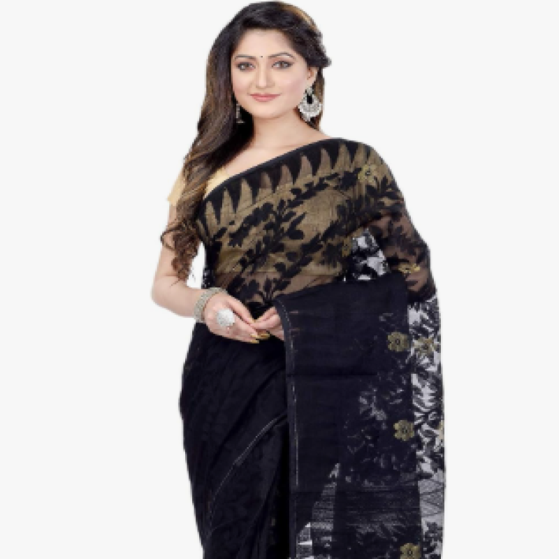 dB DESH BIDESH Women`s Traditional Bengal Handloom Tant Dhakai Jamdani Cotton Saree Whole Body Design 5.5 meters Black