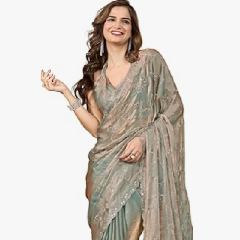 TRENDMALLS Women's Satin Siroski Mirror Work Saree with Unstitch Blouse Piece (K1158-SteelGreen)