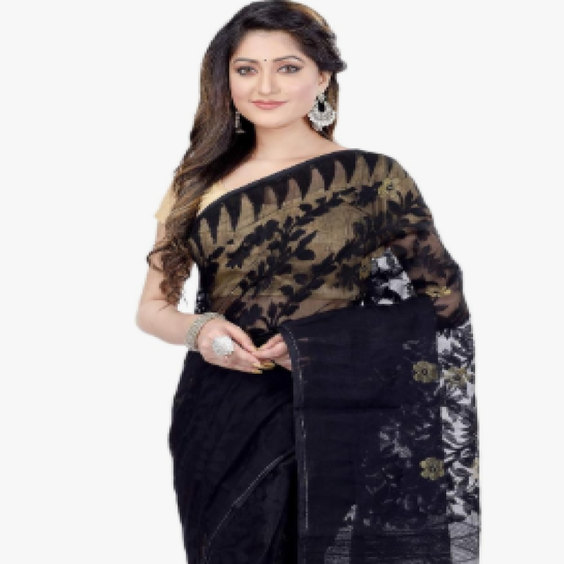 dB DESH BIDESH Women`s Traditional Bengal Handloom Tant Dhakai Jamdani Cotton Saree Whole Body Design 5.5 meters Black