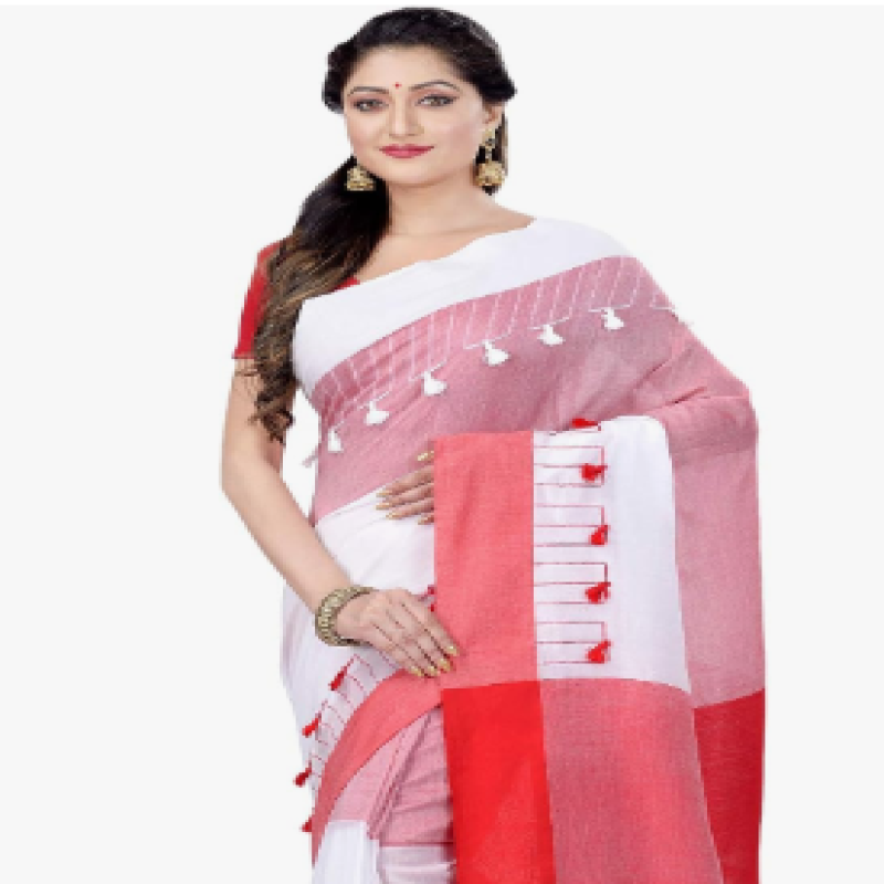 Traditional Bengali Handloom Tant Pure Cotton Saree Pompom Desigined With Blouse Piece Free Size Red White
