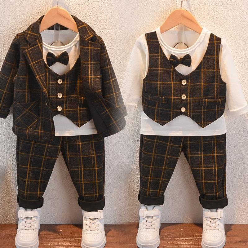Autumn Winter Children Clothing Suit Bow Tie Shirt+Coat+Pants Boys Gentleman's Dress Print Long-sleeved Baby Boys' Clothing Sets