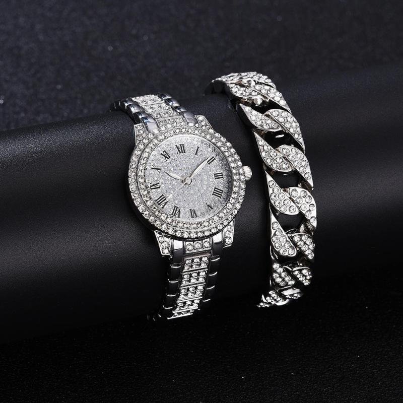 Full Drill Roman-style Steel Belt Watch Full of Starlon Temperament Business Quartz Watches Hip -hop Style Full Drill Bracelet