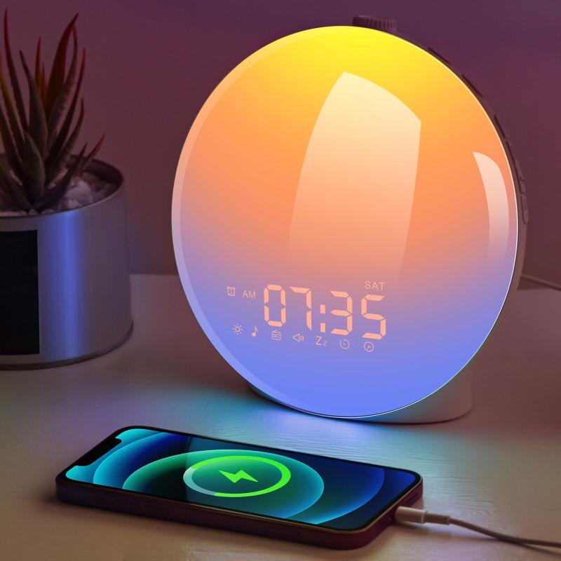 Portable Sunrise Simulator Ambient Sound Machine RGB LED Lighting FM Radio Mood Lighting Bedside Reading Lamp Alarm Clock