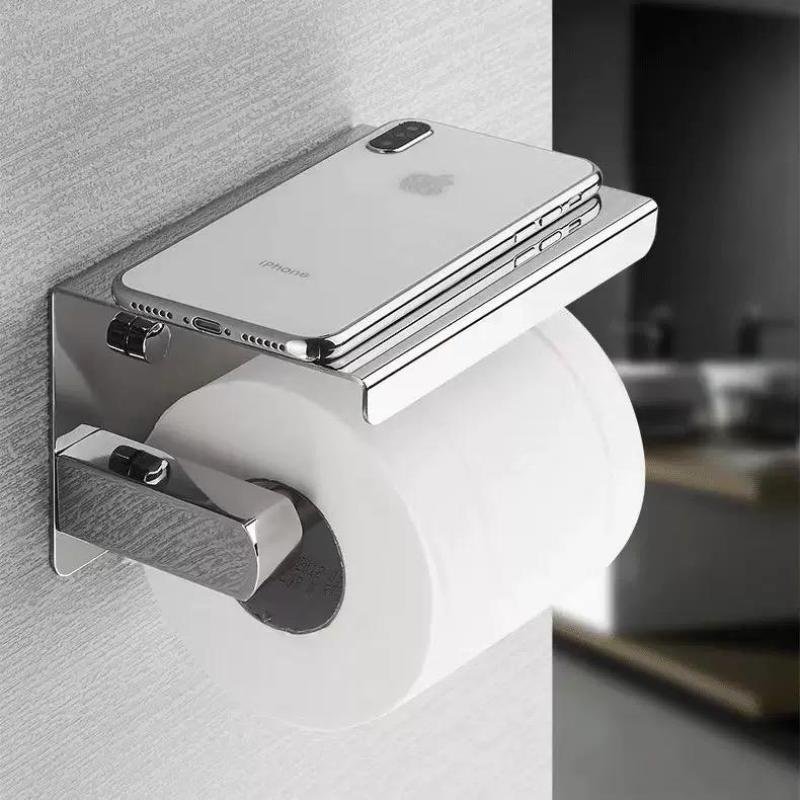 Modern Wall Mounted Stainless Steel Toilet Paper Roll Tissue Holders with Phone Shelf for Home and Hotel Use
